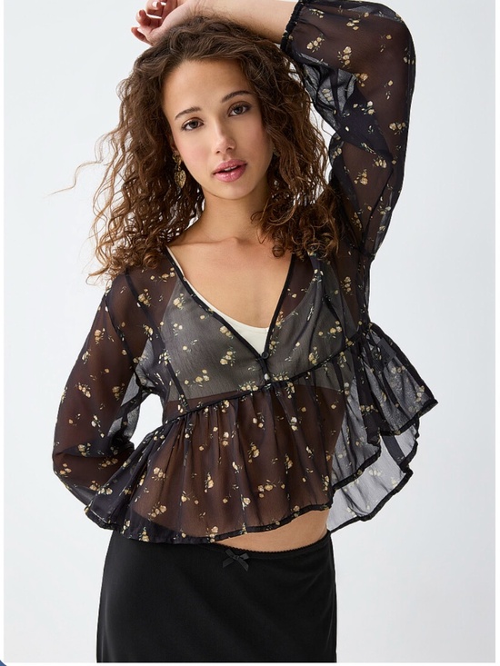 Simons Tops - Boho black and ditsy flowers ruffled sheer voile blouse NWT